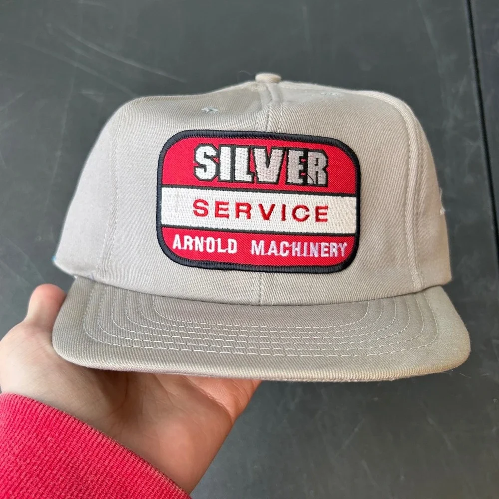 Vintage Silver Service Arnold Machinery Snapback Hat Made in USA Tan Patch Logo